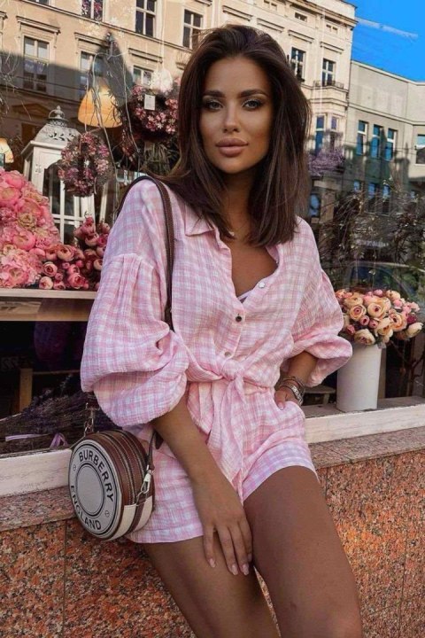 Spodnie Komplet Model Molly Muślin 243863437 Róż Kratka - LaBalancia