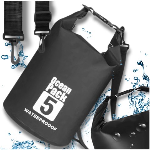WOREK WODOODPORNY WODOSZCZELNY KAJAK TORBA PLECAK TURYSTYCZNY 5L CZARNY
