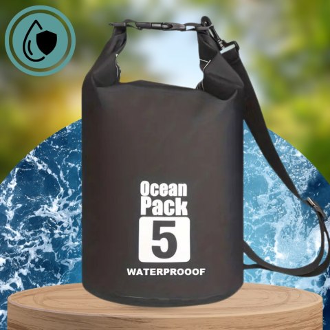 WOREK WODOODPORNY WODOSZCZELNY KAJAK TORBA PLECAK TURYSTYCZNY 5L CZARNY