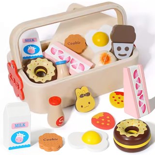 DREWNIANE ŚNIADANIE CIASTKA DO KROJENIA CIĘCIA NA MAGNES W SKRZYNCE ZESTAW Z NOŻYKIEM