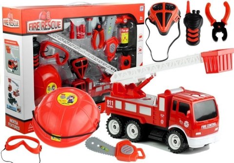 LEAN Toys Zestaw Strażaka Wóz Hełm Gaśnica Piła 14 Elementów