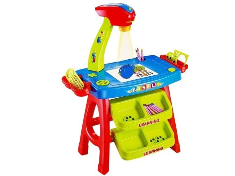 LEAN Toys Stolik Edukacyjny Szufladki z Projektorem 36 Obrazków Kredki Szablony Niebiesko Czerwony