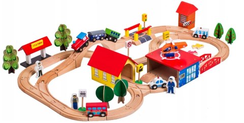 LEAN Toys Drewniany Tor Kolejka Autka Drzewa Budynki Helikopter