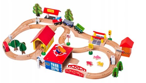 LEAN Toys Drewniany Tor Kolejka Autka Drzewa Budynki Helikopter