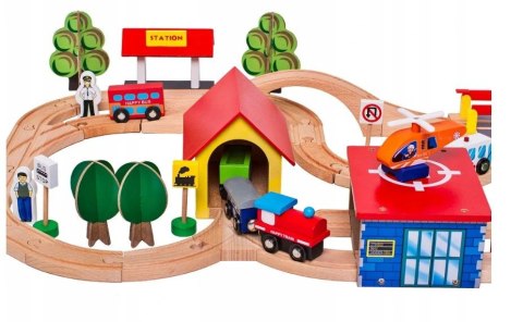 LEAN Toys Drewniany Tor Kolejka Autka Drzewa Budynki Helikopter