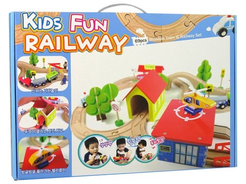 LEAN Toys Drewniany Tor Kolejka Autka Drzewa Budynki Helikopter