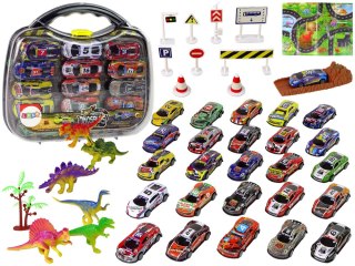 LEAN Toys Zestaw Auta Sportowe Resoraki Dinozaury Akcesoria Znaki Drogowe Walizka