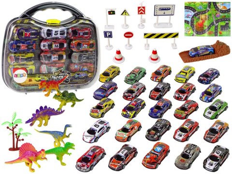 LEAN Toys Zestaw Auta Sportowe Resoraki Dinozaury Akcesoria Znaki Drogowe Walizka