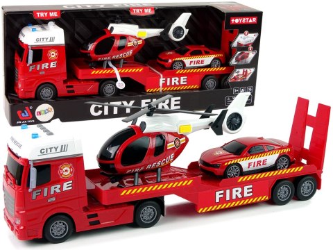 LEAN Toys Zestaw Straż Pożarna Laweta Autko Helikopter Dźwięk Światła Czerwone