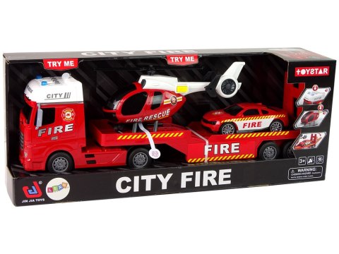 LEAN Toys Zestaw Straż Pożarna Laweta Autko Helikopter Dźwięk Światła Czerwone