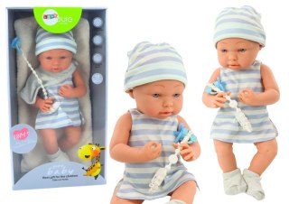 LEAN Toys Lalka Bobas w Biało-Niebieskim Ubranku Czapeczka Smoczek Śliniaczek Kołderka