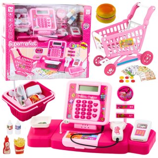 LEAN Toys Zestaw Sklepowy Kasa Koszyk Produkty Spożywcze Światła Dźwięki Różowy