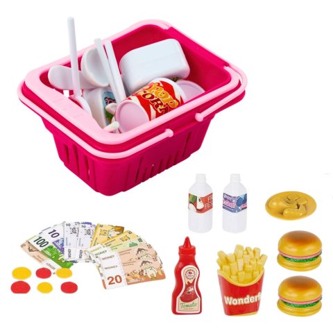 LEAN Toys Zestaw Sklepowy Kasa Koszyk Produkty Spożywcze Światła Dźwięki Różowy
