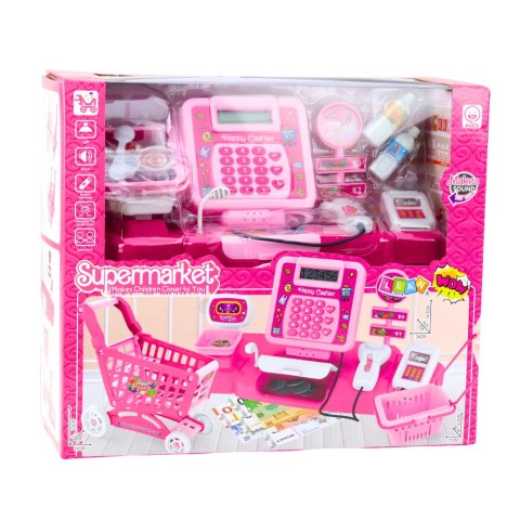 LEAN Toys Zestaw Sklepowy Kasa Koszyk Produkty Spożywcze Światła Dźwięki Różowy