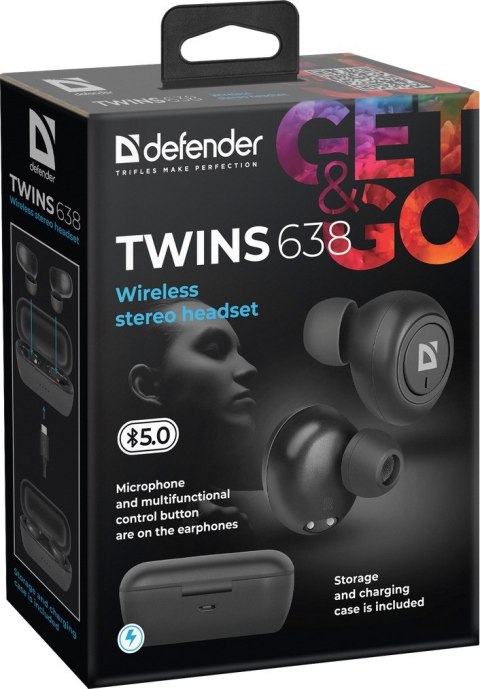 Defender DEFENDER SŁUCHAWKI BEZPRZEWODOWE Z MIKROFONEM "TWS" TWINS 638 CZARNE 63638 Defender DEFENDER SŁUCHAWKI BEZPRZEWODOWE Z MIKROFONEM "TWS" TWINS 638 CZARNE 63638