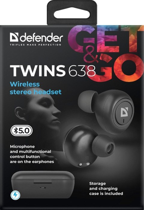 Defender DEFENDER SŁUCHAWKI BEZPRZEWODOWE Z MIKROFONEM "TWS" TWINS 638 CZARNE 63638 Defender DEFENDER SŁUCHAWKI BEZPRZEWODOWE Z MIKROFONEM "TWS" TWINS 638 CZARNE 63638