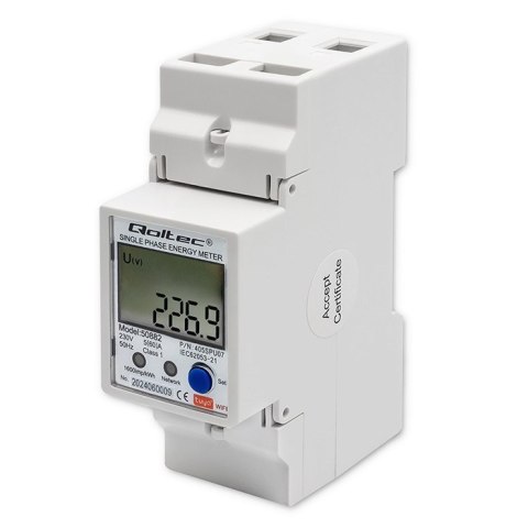Qoltec QOLTEC LICZNIK ENERGII JEDNOFAZOWY ELEKTRONICZNY NA SZYNĘ DIN | 230V | LCD | WI-FI Qoltec QOLTEC LICZNIK ENERGII JEDNOFAZOWY ELEKTRONICZNY NA SZYNĘ DIN | 230V | LCD | WI-FI
