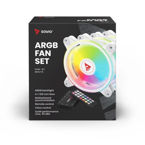 SAVIO SAVIO ZESTAW 4 WENTYLATORÓW ARGB 120 MM WRAZ Z KONTROLEREM ORAZ PILOTEM FAN-01 WHITE SAVIO SAVIO ZESTAW 4 WENTYLATORÓW ARGB 120 MM WRAZ Z KONTROLEREM ORAZ PILOTEM FAN-01 WHITE