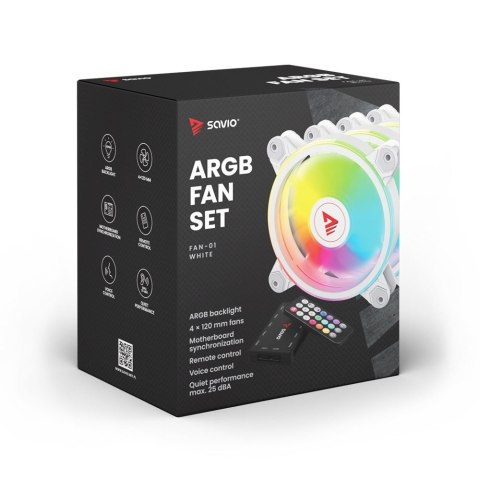 SAVIO SAVIO ZESTAW 4 WENTYLATORÓW ARGB 120 MM WRAZ Z KONTROLEREM ORAZ PILOTEM FAN-01 WHITE SAVIO SAVIO ZESTAW 4 WENTYLATORÓW ARGB 120 MM WRAZ Z KONTROLEREM ORAZ PILOTEM FAN-01 WHITE
