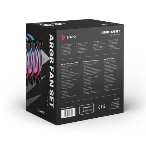 SAVIO SAVIO ZESTAW 4 WENTYLATORÓW ARGB 120 MM WRAZ Z KONTROLEREM ORAZ PILOTEM FAN-01 WHITE SAVIO SAVIO ZESTAW 4 WENTYLATORÓW ARGB 120 MM WRAZ Z KONTROLEREM ORAZ PILOTEM FAN-01 WHITE