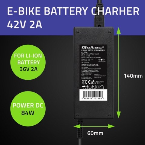Qoltec QOLTEC ŁADOWARKA DO BATERII ROWERU ELEKTRYCZNEGO 36V | 42V | 2A | 5.5*2.1 Qoltec QOLTEC ŁADOWARKA DO BATERII ROWERU ELEKTRYCZNEGO 36V | 42V | 2A | 5.5*2.1