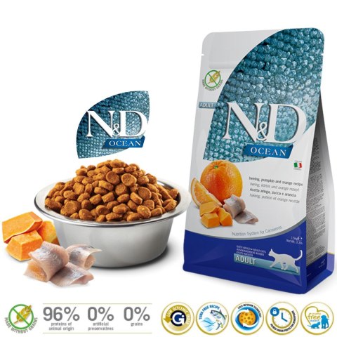 Farmina FARMINA N&D Ocean Herring, Pumpkin & Orange Adult - sucha karma dla kota - 1,5kg Farmina FARMINA N&D Ocean Herring, Pumpkin & Orange Adult - sucha karma dla kota - 1,5kg