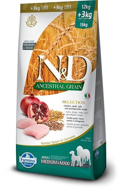 Farmina FARMINA N&D Ancestral Grain Selection Adult Medium & Maxi - sucha karma dla psa - 12kg + 3kg Farmina FARMINA N&D Ancestral Grain Selection Adult Medium & Maxi - sucha karma dla psa - 12kg + 3kg