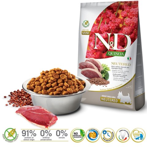 Farmina FARMINA N&D Quinoa Dog Duck, Broccoli, Asparagus Neutered Adult Mini - sucha karma dla psa - 2.5 kg Farmina FARMINA N&D Quinoa Dog Duck, Broccoli, Asparagus Neutered Adult Mini - sucha karma dla psa - 2.5 kg