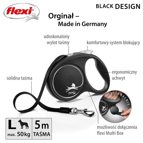 Flexi Smycz flexi automatyczna Black Design L taśma 5 m - dla psa do 50 kg, kolor srebrny Flexi Smycz flexi automatyczna Black Design L taśma 5 m - dla psa do 50 kg, kolor srebrny