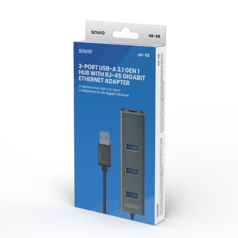 SAVIO SAVIO AK-58 3-PORTOWY HUB USB-A Z ADAPTEREM RJ-45 SAVIO SAVIO AK-58 3-PORTOWY HUB USB-A Z ADAPTEREM RJ-45