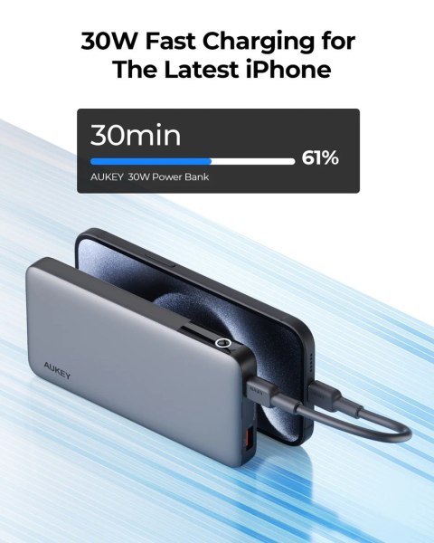 AUKEY AUKEY POWERBANK 10 000 MAH, USB-C PD 30W, USB-A 22W, SZARY AUKEY AUKEY POWERBANK 10 000 MAH, USB-C PD 30W, USB-A 22W, SZARY