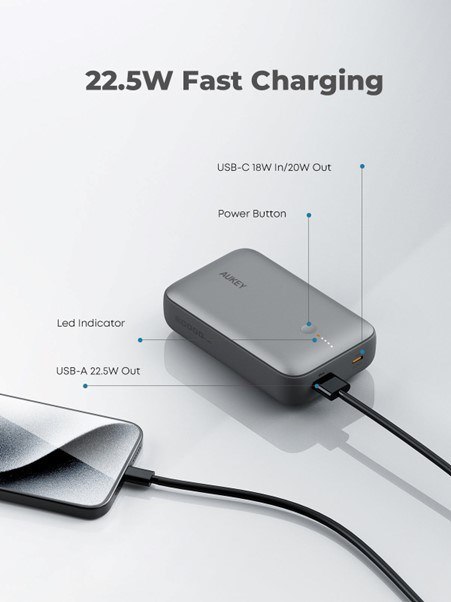 AUKEY AUKEY POWERBANK 20 000 MAH, USB-C 22,5W, USB-A,MINI, SZARY AUKEY AUKEY POWERBANK 20 000 MAH, USB-C 22,5W, USB-A,MINI, SZARY