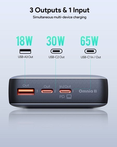 AUKEY AUKEY POWERBANK 20000MAH, 2X USB-C PD 65W, USB-A 18W, SZARY AUKEY AUKEY POWERBANK 20000MAH, 2X USB-C PD 65W, USB-A 18W, SZARY