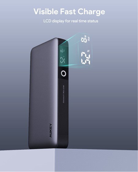AUKEY AUKEY POWERBANK 20000MAH, 2X USB-C PD 65W, USB-A 18W, SZARY AUKEY AUKEY POWERBANK 20000MAH, 2X USB-C PD 65W, USB-A 18W, SZARY