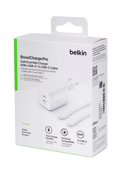 Belkin Ładowarka Belkin BoostCharge Pro Dual USB-C PD 3.0 PPS GaN Wall Charger 65W + USB-C to USB-C Cable 2m White Belkin Ładowarka Belkin BoostCharge Pro Dual USB-C PD 3.0 PPS GaN Wall Charger 65W + USB-C to USB-C Cable 2m White
