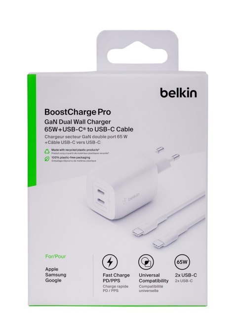 Belkin Ładowarka Belkin BoostCharge Pro Dual USB-C PD 3.0 PPS GaN Wall Charger 65W + USB-C to USB-C Cable 2m White Belkin Ładowarka Belkin BoostCharge Pro Dual USB-C PD 3.0 PPS GaN Wall Charger 65W + USB-C to USB-C Cable 2m White