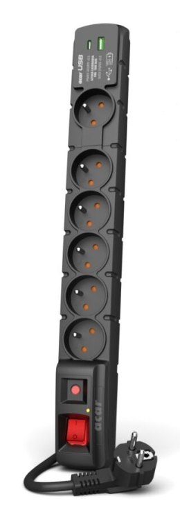 Acar Listwa przeciwprzepięciowa Acar S6 USB A+C (szybka ładowarka) 1,5m ; czarny