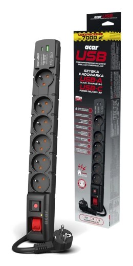 Acar Listwa przeciwprzepięciowa Acar S6 USB A+C (szybka ładowarka) 1,5m ; czarny