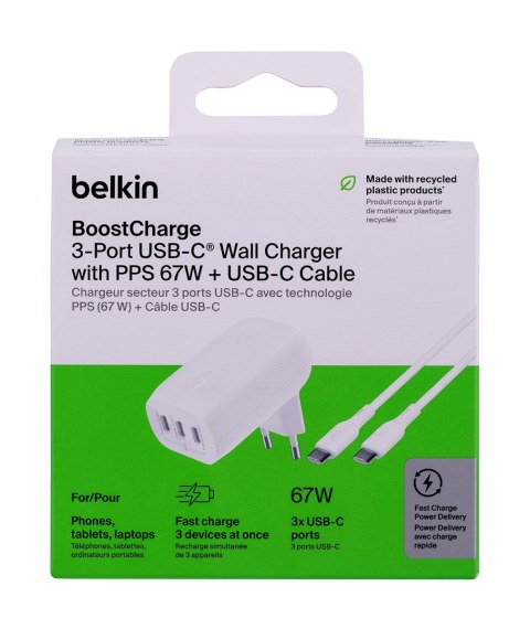 Belkin Ładowarka Belkin BoostCharge 3 Port USB-C PD 3.1 PPS Wall Charger 67W + USB-C to USB-C Cable 2m White Belkin Ładowarka Belkin BoostCharge 3 Port USB-C PD 3.1 PPS Wall Charger 67W + USB-C to USB-C Cable 2m White