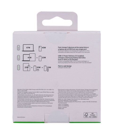 Belkin Ładowarka Belkin BoostCharge 3 Port USB-C PD 3.1 PPS Wall Charger 67W + USB-C to USB-C Cable 2m White Belkin Ładowarka Belkin BoostCharge 3 Port USB-C PD 3.1 PPS Wall Charger 67W + USB-C to USB-C Cable 2m White