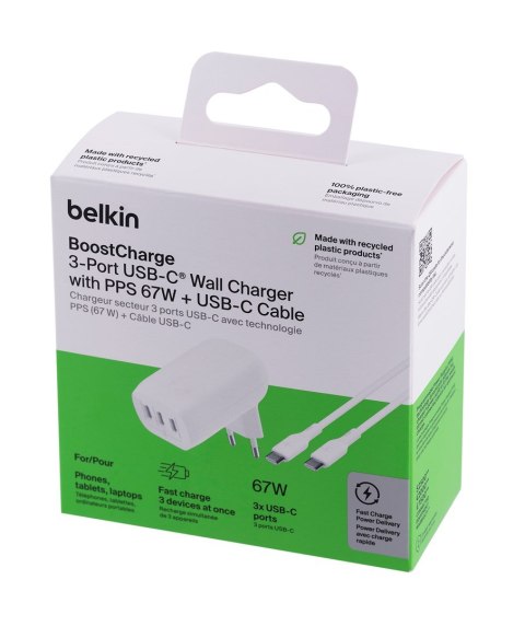 Belkin Ładowarka Belkin BoostCharge 3 Port USB-C PD 3.1 PPS Wall Charger 67W + USB-C to USB-C Cable 2m White Belkin Ładowarka Belkin BoostCharge 3 Port USB-C PD 3.1 PPS Wall Charger 67W + USB-C to USB-C Cable 2m White