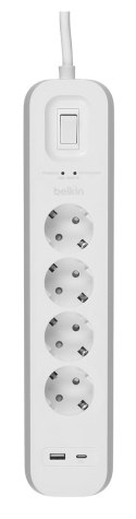 Belkin Listwa zasilająca Belkin Power Surge 4-PORT + 1xUSB-A +1xUSB-C 2.4A PD 525J 2m White Schuko