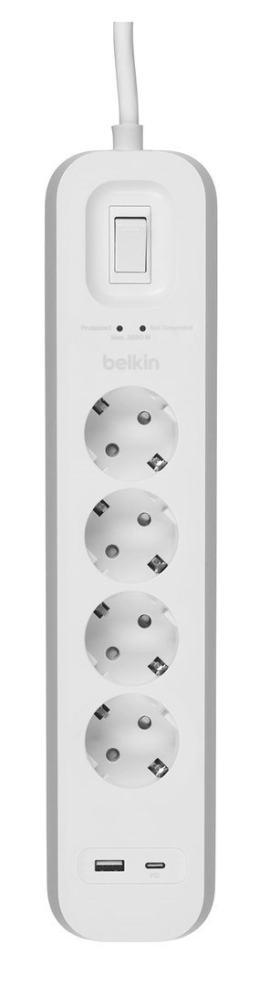 Belkin Listwa zasilająca Belkin Power Surge 4-PORT + 1xUSB-A +1xUSB-C 2.4A PD 525J 2m White Schuko Belkin Listwa zasilająca Belkin Power Surge 4-PORT + 1xUSB-A +1xUSB-C 2.4A PD 525J 2m White Schuko