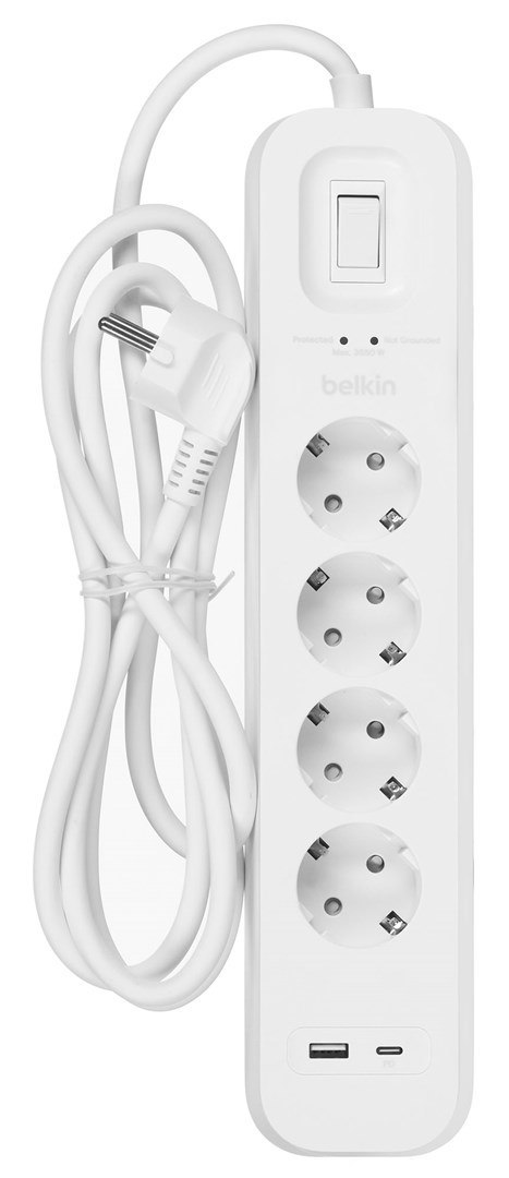 Belkin Listwa zasilająca Belkin Power Surge 4-PORT + 1xUSB-A +1xUSB-C 2.4A PD 525J 2m White Schuko Belkin Listwa zasilająca Belkin Power Surge 4-PORT + 1xUSB-A +1xUSB-C 2.4A PD 525J 2m White Schuko