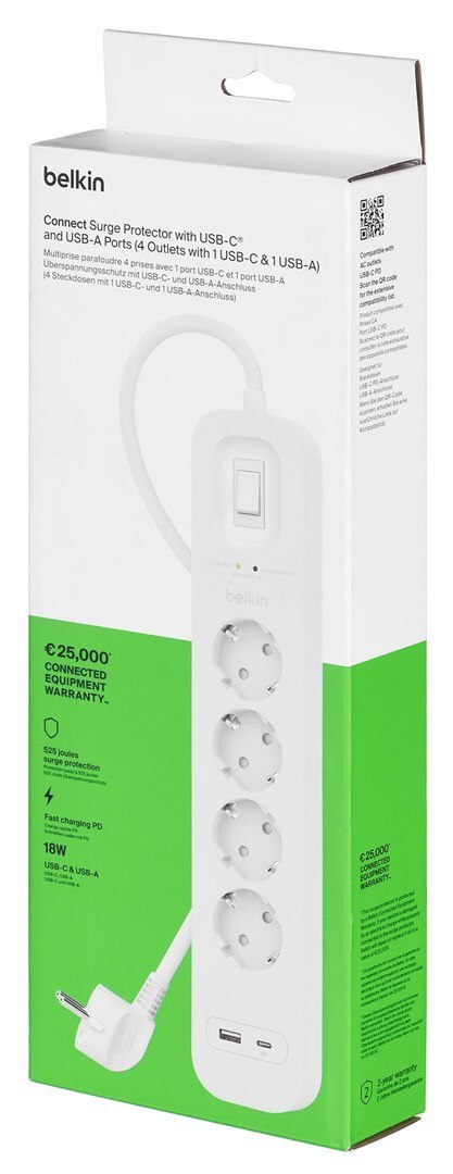 Belkin Listwa zasilająca Belkin Power Surge 4-PORT + 1xUSB-A +1xUSB-C 2.4A PD 525J 2m White Schuko Belkin Listwa zasilająca Belkin Power Surge 4-PORT + 1xUSB-A +1xUSB-C 2.4A PD 525J 2m White Schuko