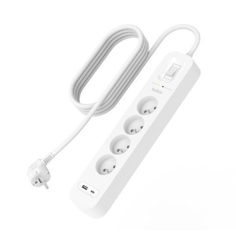 Belkin Listwa zasilająca Belkin Power Surge 4-PORT + 1xUSB-A +1xUSB-C 2.4A PD 525J 2m White Belkin Listwa zasilająca Belkin Power Surge 4-PORT + 1xUSB-A +1xUSB-C 2.4A PD 525J 2m White