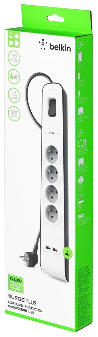 Belkin Listwa zasilająca Belkin Power Surge 4-PORT + 2xUSB-A 2.4A 525J 2m Grey/White Belkin Listwa zasilająca Belkin Power Surge 4-PORT + 2xUSB-A 2.4A 525J 2m Grey/White
