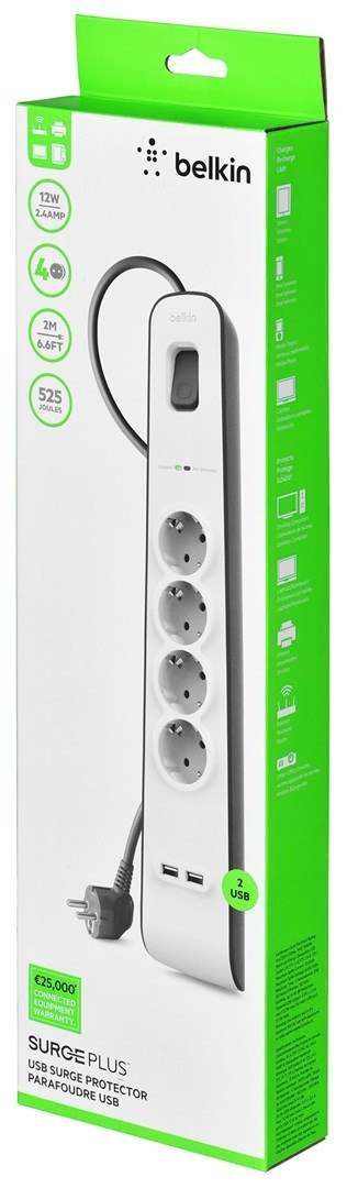 Belkin Listwa zasilająca Belkin Power Surge 4-PORT + 2xUSB-A 2m Grey/White Schuko Belkin Listwa zasilająca Belkin Power Surge 4-PORT + 2xUSB-A 2m Grey/White Schuko