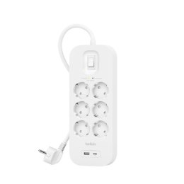Belkin Listwa zasilająca Belkin Power Surge 6-PORT + 1xUSB-A +1xUSB-C 2.4A PD 650J 2m White Schuko
