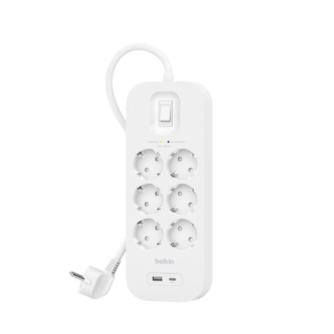 Belkin Listwa zasilająca Belkin Power Surge 6-PORT + 1xUSB-A +1xUSB-C 2.4A PD 650J 2m White Schuko Belkin Listwa zasilająca Belkin Power Surge 6-PORT + 1xUSB-A +1xUSB-C 2.4A PD 650J 2m White Schuko